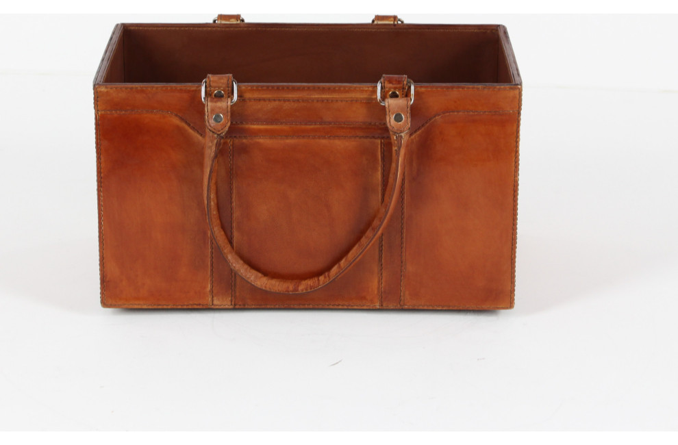 Handmade Authentic Brown Leather Magazine Holder With Leather Handles