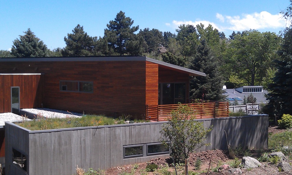 This is an example of a modern exterior in Denver with wood siding.