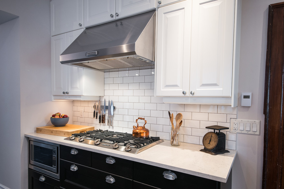 Enclosed kitchen - transitional galley enclosed kitchen idea in Ottawa with recessed-panel cabinets, black cabinets, quartzite countertops, white backsplash, stainless steel appliances and no island