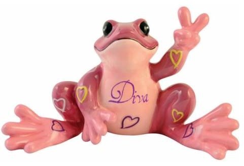 Pink Frog Figurine with Hearts and Diva Inscription Holding Peace Sign