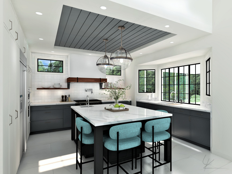 Design ideas for a mid-sized contemporary u-shaped eat-in kitchen in Toronto with an undermount sink, shaker cabinets, black cabinets, quartz benchtops, white splashback, terra-cotta splashback, black appliances, porcelain floors, with island, white floor, white benchtop and timber.