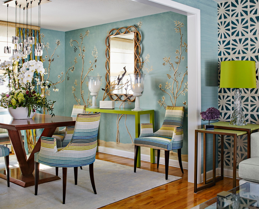 Inspiration for a mid-sized transitional medium tone wood floor and brown floor enclosed dining room remodel in New York with multicolored walls and no fireplace