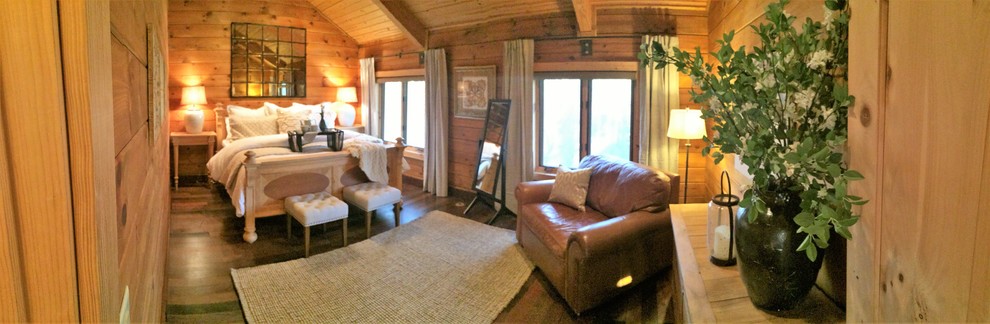 Bedroom - large rustic master dark wood floor bedroom idea in Raleigh