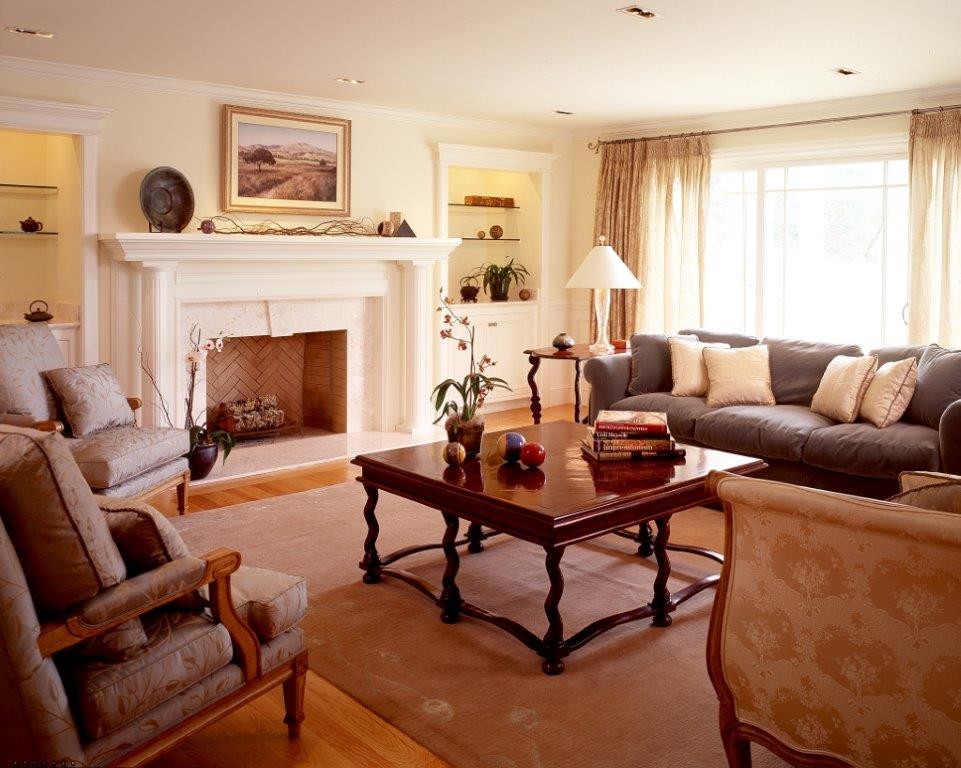 Mid-sized traditional enclosed living room in San Francisco with a standard fireplace and a brick fireplace surround.