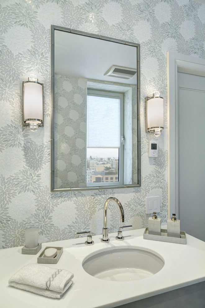 Design ideas for a large transitional master bathroom in New York with flat-panel cabinets, grey cabinets, a corner shower, a two-piece toilet, gray tile, white tile, mosaic tile, grey walls, mosaic tile floors, an undermount sink and quartzite benchtops.