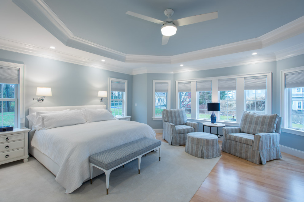 Photo of a large transitional master bedroom in Boston with blue walls and light hardwood floors.
