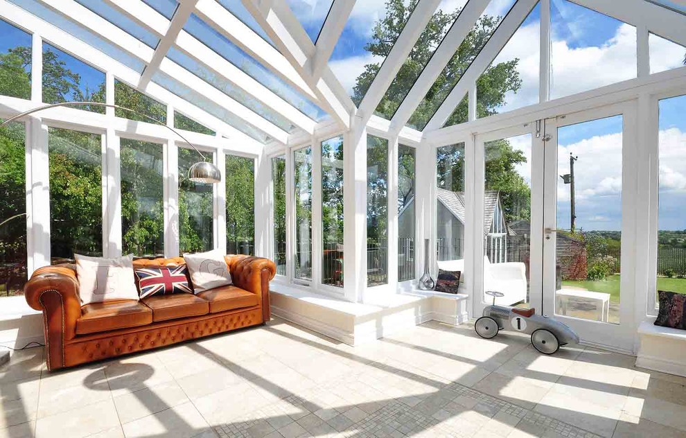 Photo of a contemporary sunroom in Other with a glass ceiling.