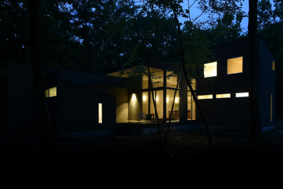 Источник вдохновения для домашнего уюта: двухэтажный, коричневый частный загородный дом среднего размера в стиле модернизм с односкатной крышей, металлической крышей и серой крышей
