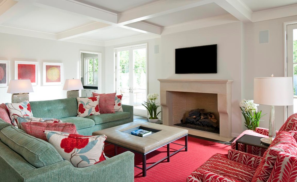 Large traditional living room in Dallas with white walls and a wall-mounted tv.