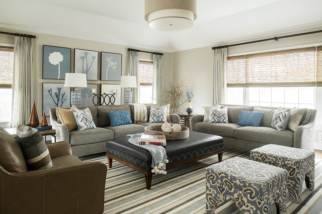 Warm Gray Family Room Transitional Family Games Room