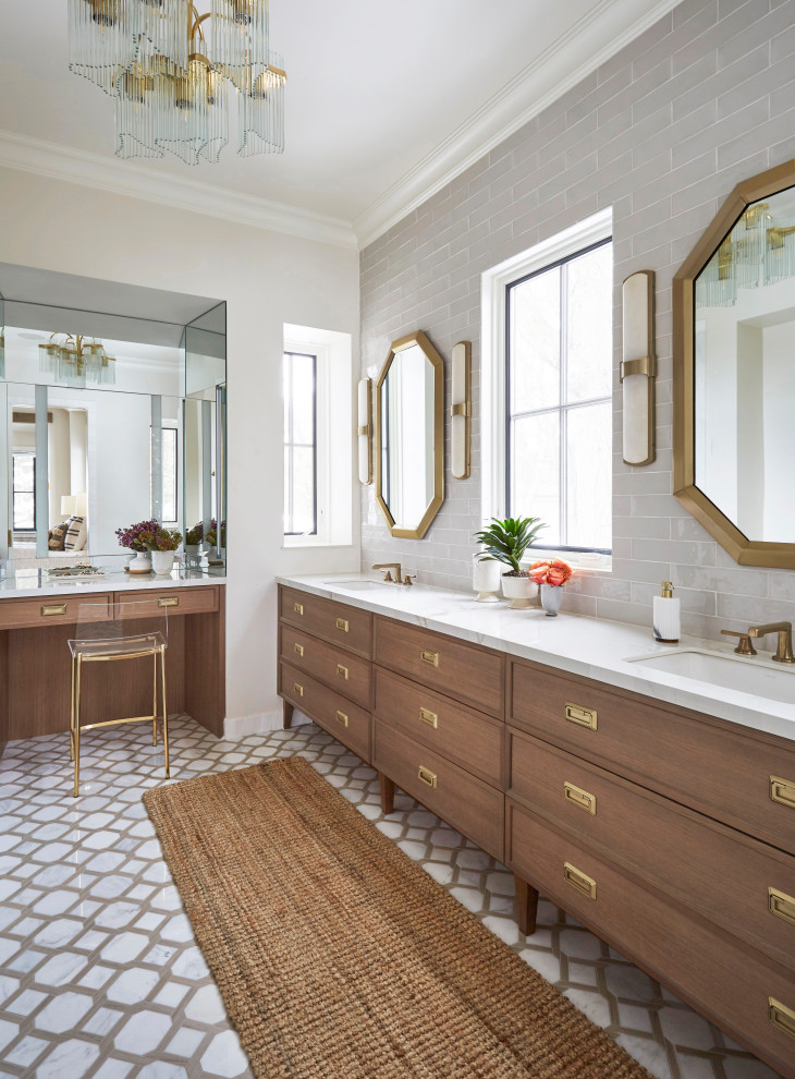 Photo of a transitional master bathroom in Chicago with brown cabinets, gray tile, white benchtops, a double vanity and a freestanding vanity.