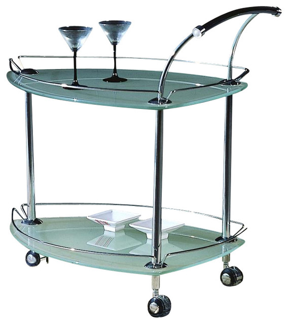 Triangular Rolling Tea Cart with Frosted Glass and Silver Finish Contemporary Bar Carts by