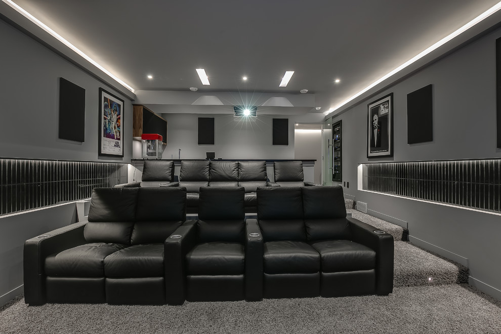 Small modern open concept home theatre in Other.