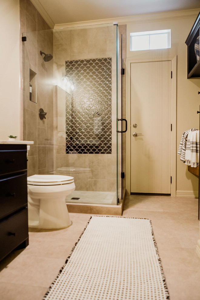 Bathroom - mid-sized transitional 3/4 green tile and ceramic tile ceramic tile and beige floor bathroom idea in Dallas with flat-panel cabinets, black cabinets, a one-piece toilet, beige walls, a drop-in sink, quartzite countertops, a hinged shower door and white countertops