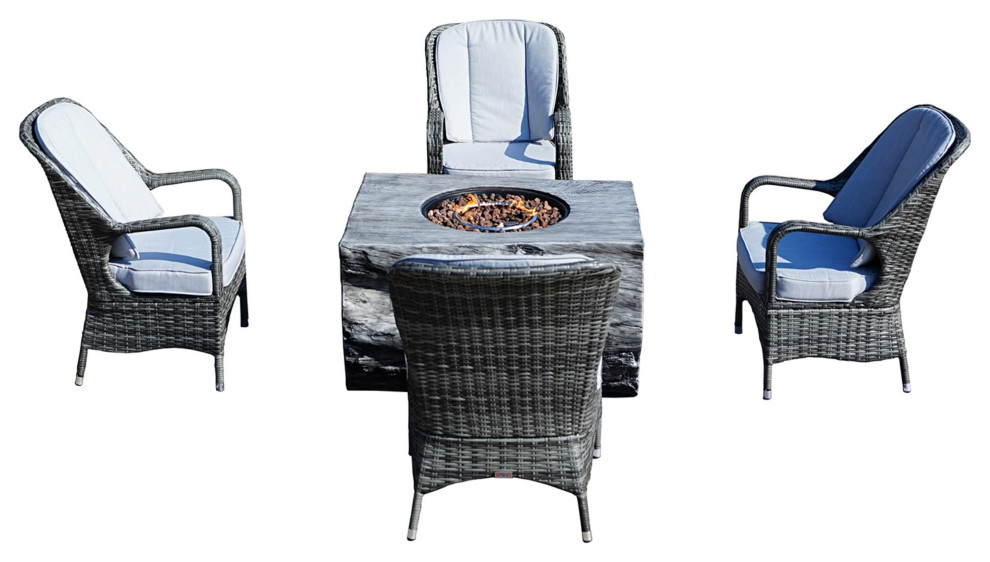 5 Piece Patio Dining Sets With Fire Pit Table and Wicker Chairs