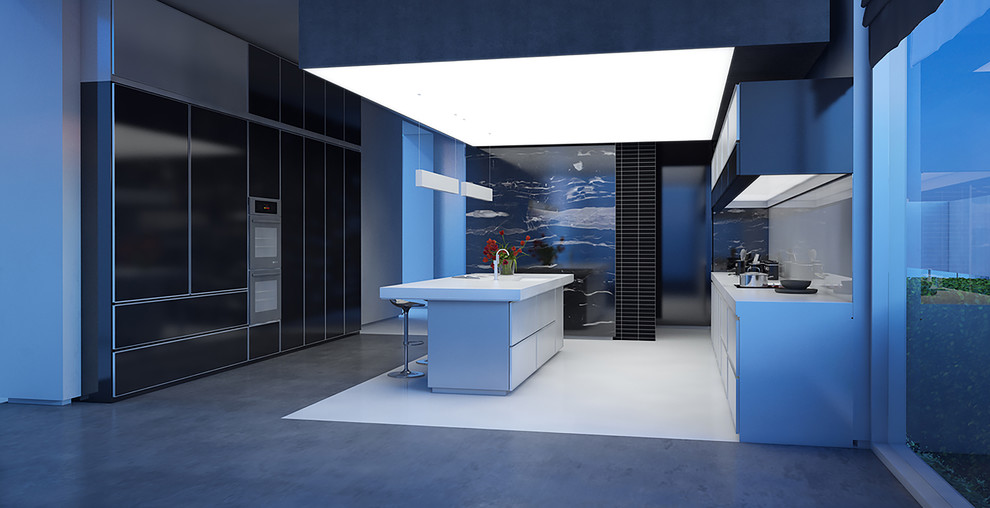 Inspiration for a large modern single-wall open plan kitchen in Orlando with an integrated sink, flat-panel cabinets, white cabinets, marble benchtops, white splashback, glass tile splashback, black appliances, concrete floors, with island and white floor.