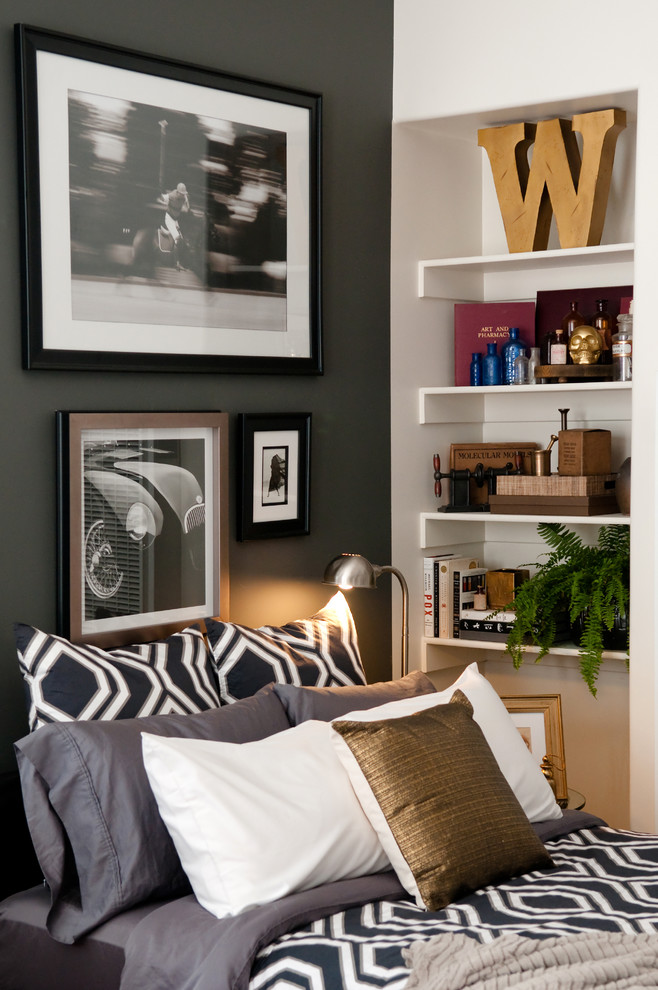 Photo of a small contemporary bedroom in San Francisco with grey walls and dark hardwood floors.