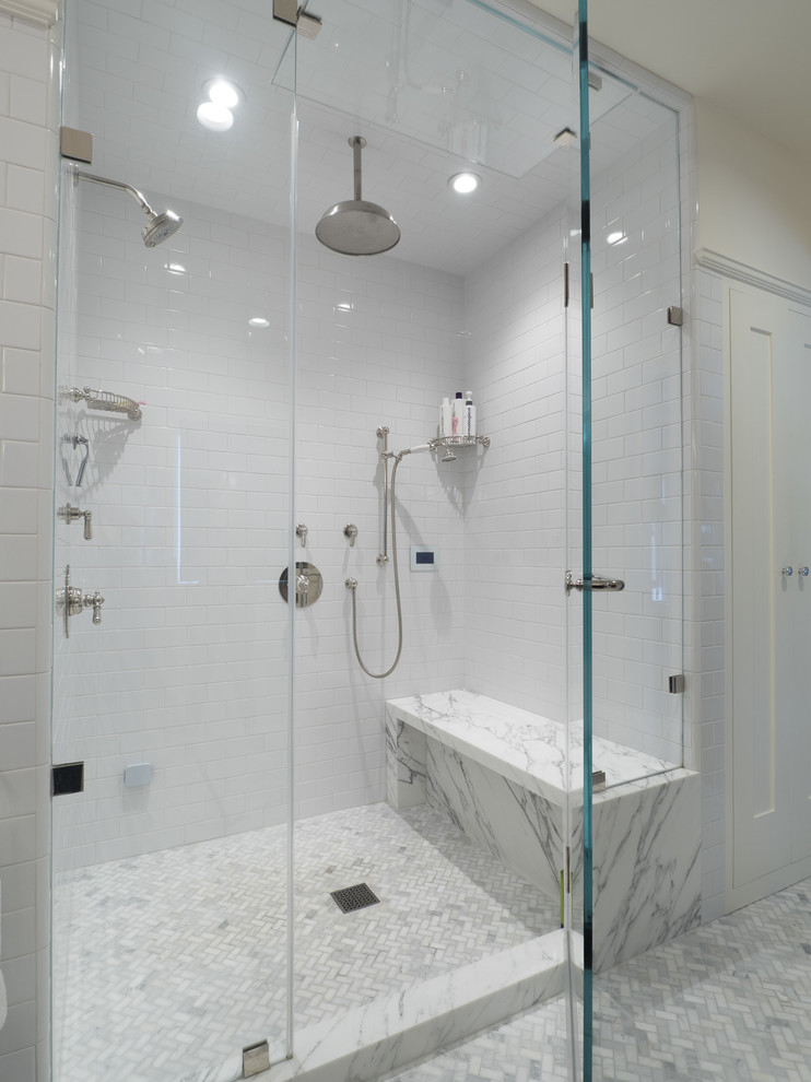 This is an example of a mid-sized transitional bathroom in San Francisco with an open shower, subway tile, a console sink and marble benchtops.