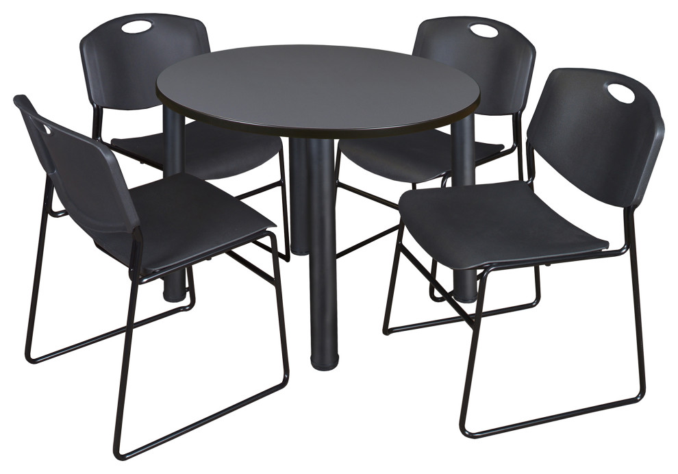 Kee 36" Round Breakroom Table- Grey/ Black & 4 Zeng Stack Chairs- Black