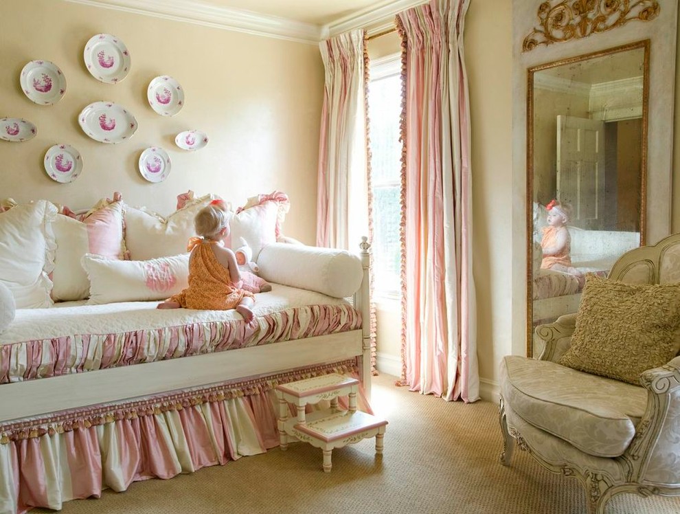 Traditional kids' room in Little Rock with beige walls and carpet for girls.