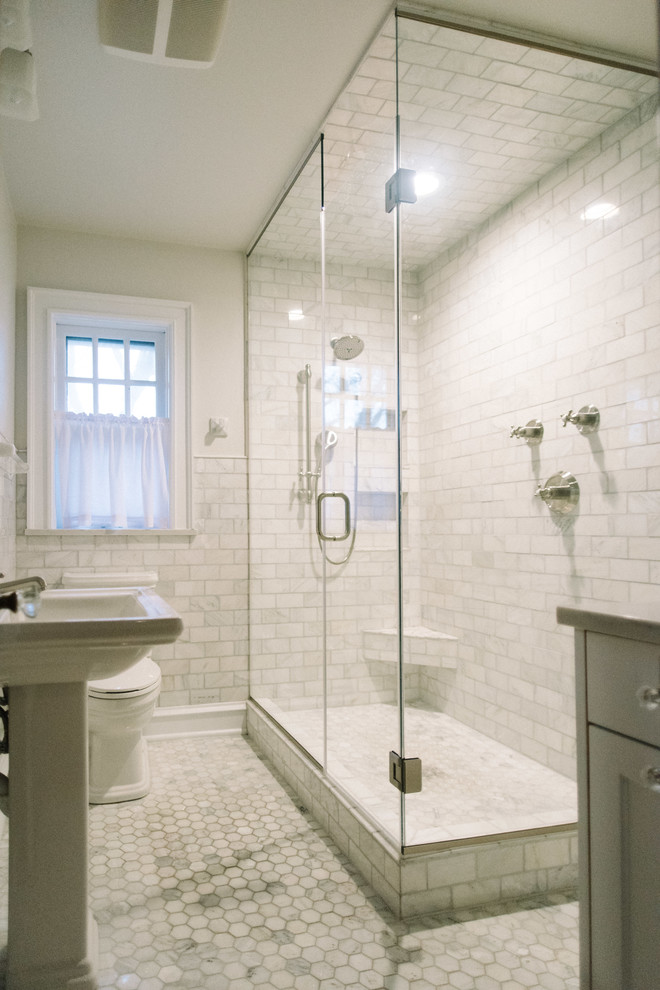 Double shower - mid-sized transitional 3/4 gray tile and subway tile marble floor and gray floor double shower idea with quartz countertops, a hinged shower door, a two-piece toilet, gray walls and a pedestal sink