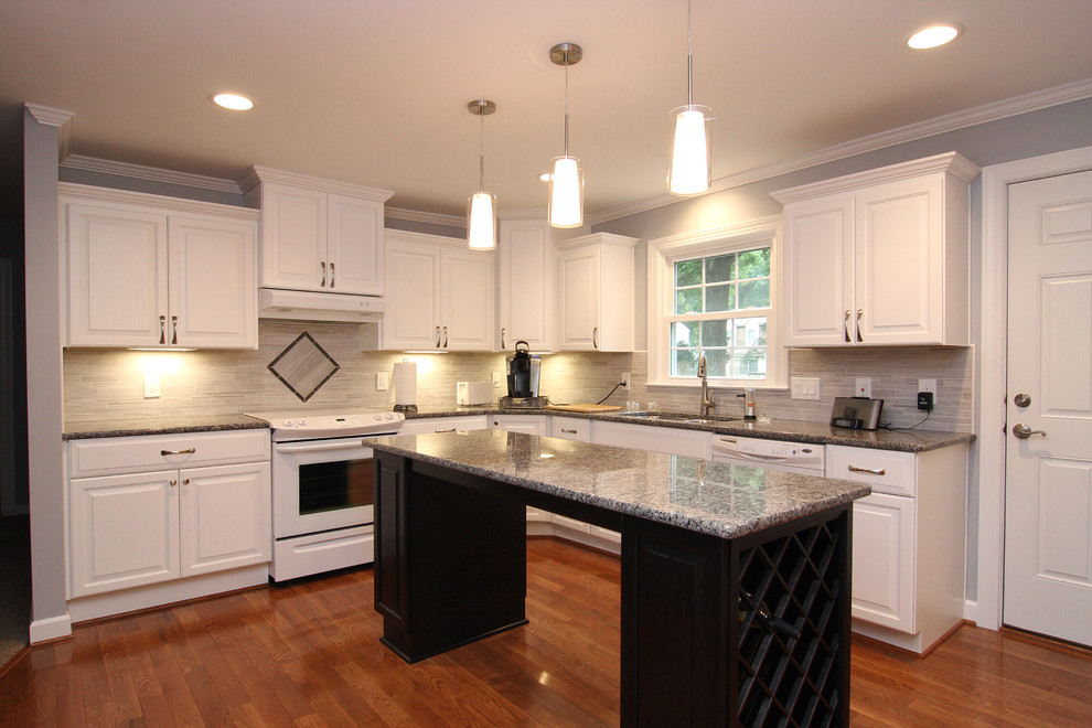 Inspiration for a mid-sized transitional u-shaped medium tone wood floor eat-in kitchen remodel with an undermount sink, raised-panel cabinets, white cabinets, granite countertops, gray backsplash, porcelain backsplash, white appliances and an island