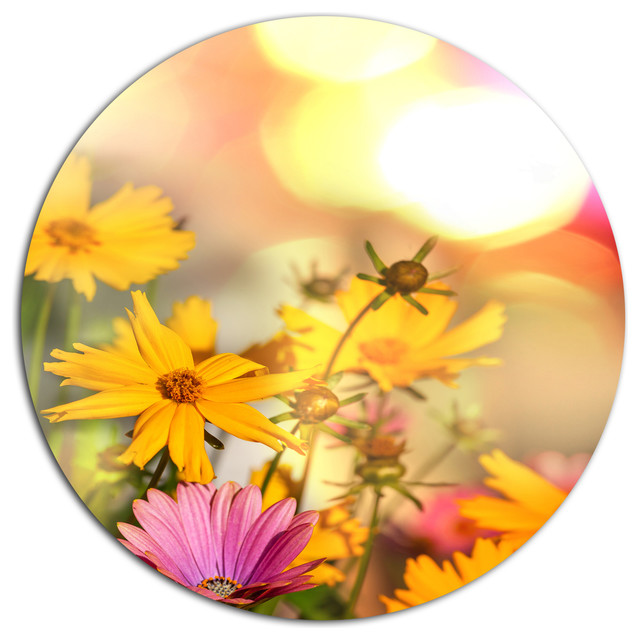 Blooming Yellow And Pink Flowers, Floral Disc Metal Artwork, Disc of 11