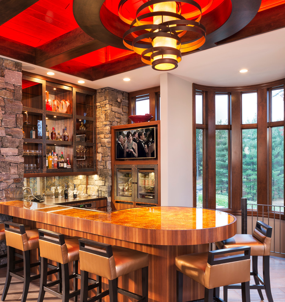 Contemporary seated home bar in Minneapolis with glass benchtops, porcelain floors, open cabinets and dark wood cabinets.