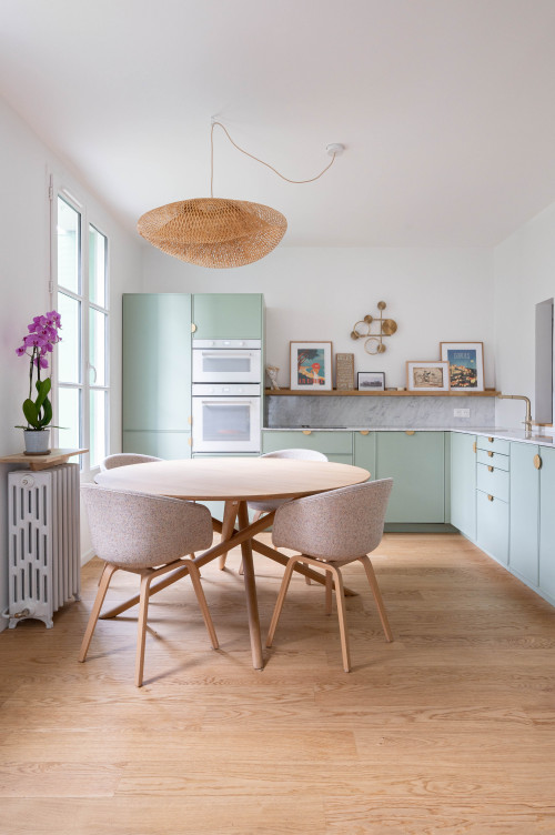 Minty Fresh Marvel: Pastel Green Cabinets and Marble Magic in Your Kitchen