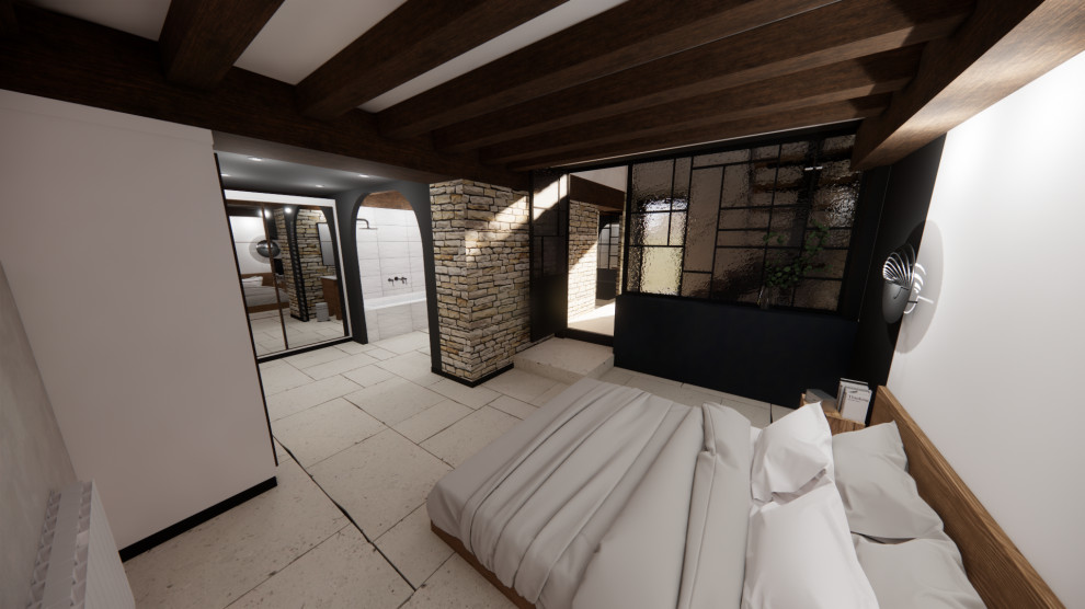 Пример оригинального дизайна: хозяйская спальня среднего размера, в белых тонах с отделкой деревом в стиле фьюжн с черными стенами, бежевым полом и балками на потолке без камина