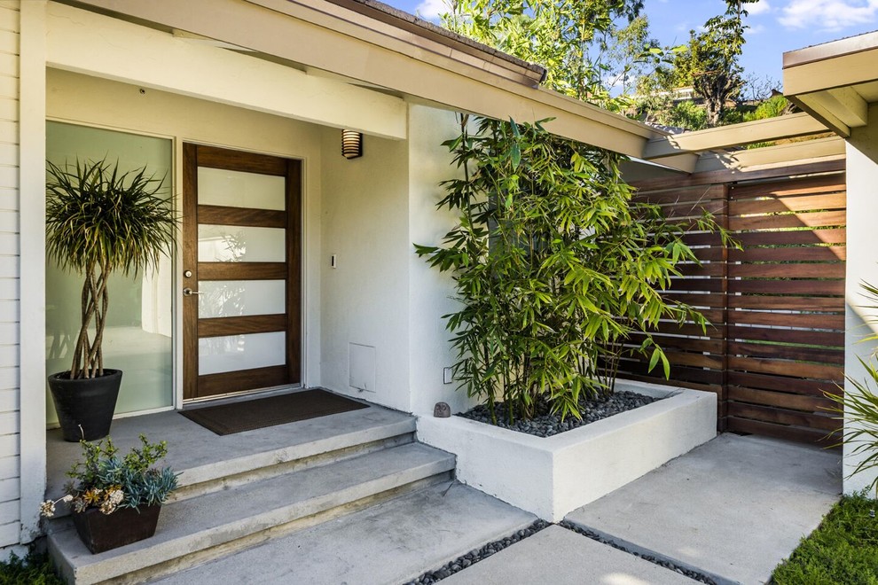 Photo of a mid-sized midcentury front door in Los Angeles with white walls, a single front door and a dark wood front door.