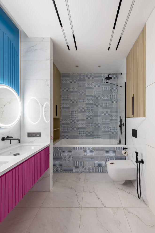 Design ideas for a medium sized contemporary ensuite bathroom in Saint Petersburg with raised-panel cabinets, purple cabinets, a submerged bath, a shower/bath combination, a wall mounted toilet, white tiles, porcelain tiles, white walls, porcelain flooring, a built-in sink, solid surface worktops, white floors, a shower curtain and white worktops.