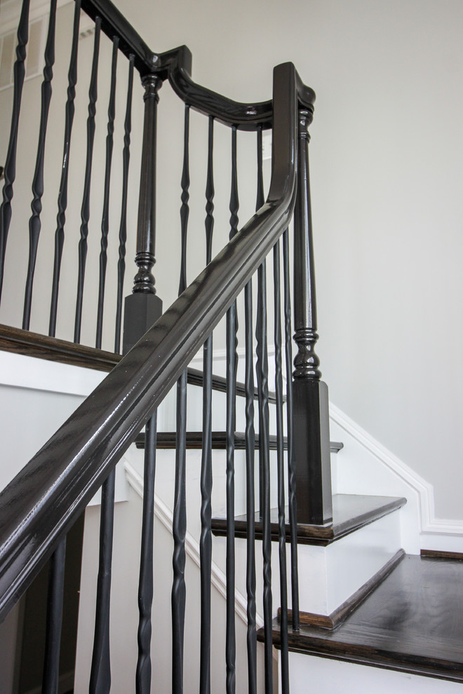 Large transitional wooden l-shaped mixed material railing staircase photo in DC Metro with painted risers