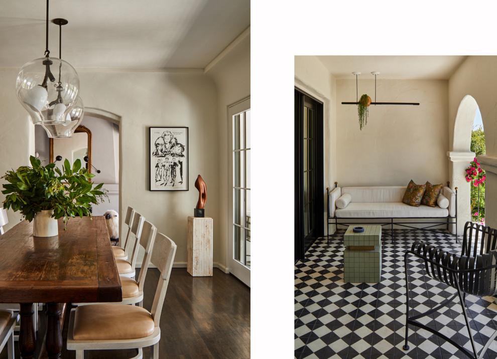 Mid-sized mediterranean separate dining room in Los Angeles with white walls, dark hardwood floors, brown floor and recessed.