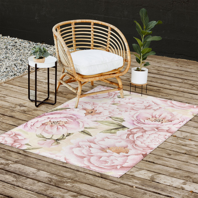 Utart Pastel Blush Pink Spring Watercolor Peony Flowers Outdoor Rug, 5 ...