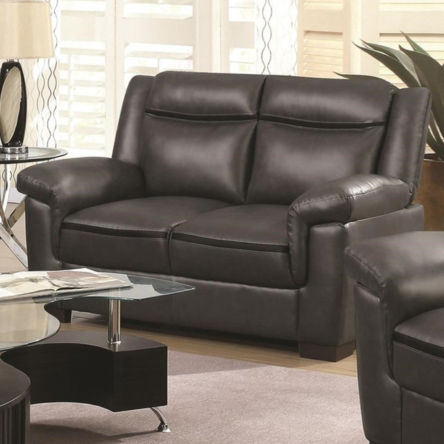 Contemporary Faux Leather and Wood Loveseat With Cushioned Armrests