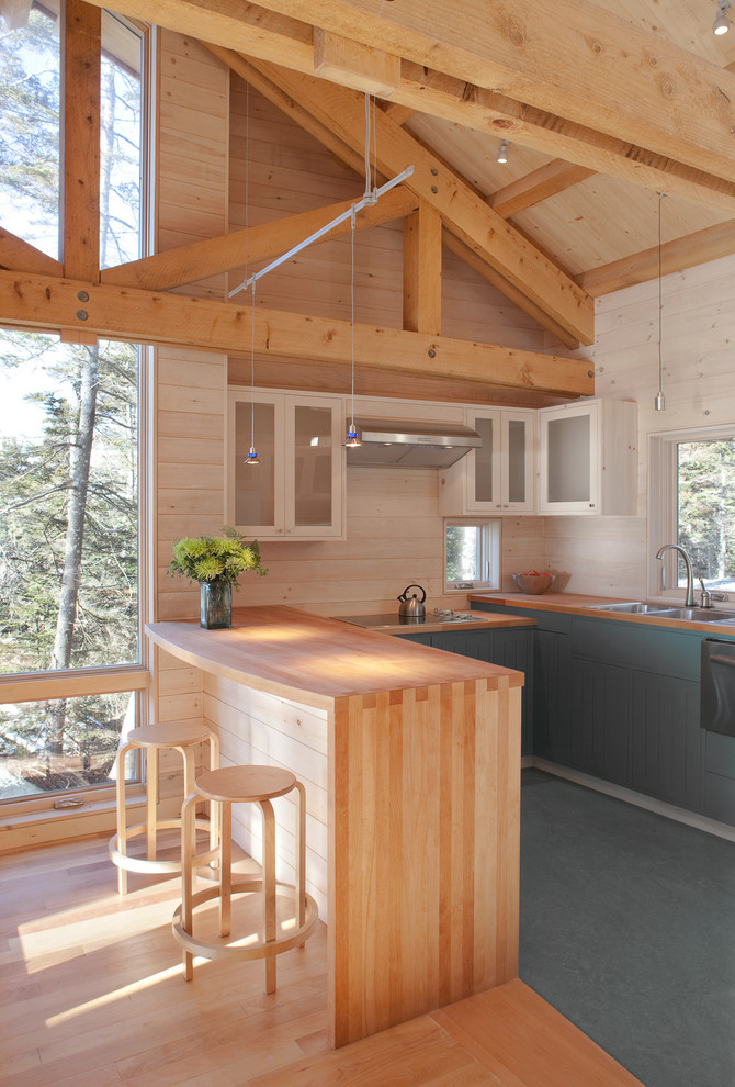 Country u-shaped open plan kitchen in Portland Maine with stainless steel appliances, a drop-in sink, blue cabinets, wood benchtops and multi-coloured splashback.