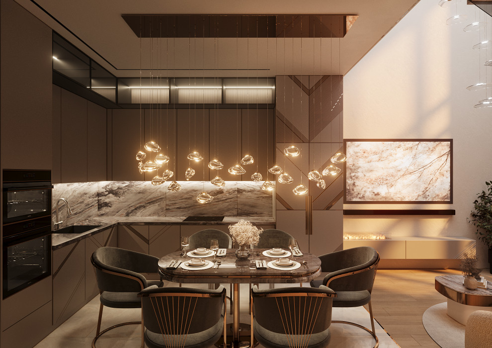 Дизайн кухни-гостиной в двухуровневой квартире в Москве