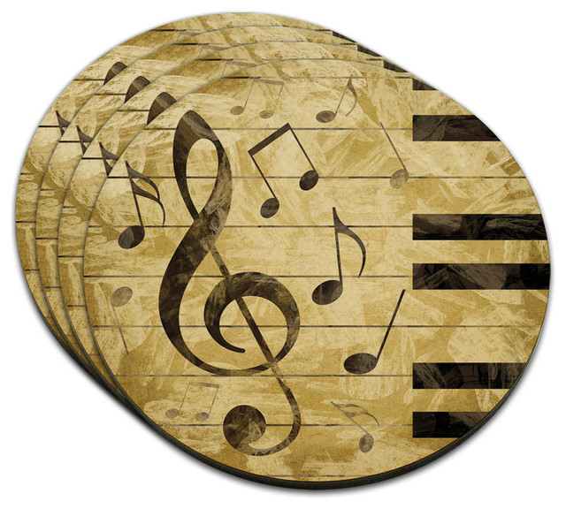 Vintage Piano with Treble Clef and Music Notes MDF Wood Coaster, Set of
