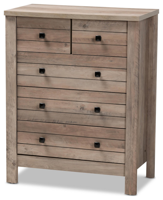 Vertical Dresser, 5 Drawers With Square Metal Knobs & Slatted Front