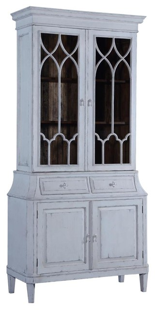 China Cabinet Rosalind Classic Antiqued White Solid Wood 2-Piece Two