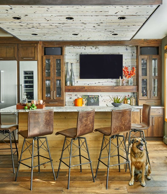 Modern Rustic U Shaped Kitchen medium sized rustic u shaped breakfast bar in denver with glass front cabinets