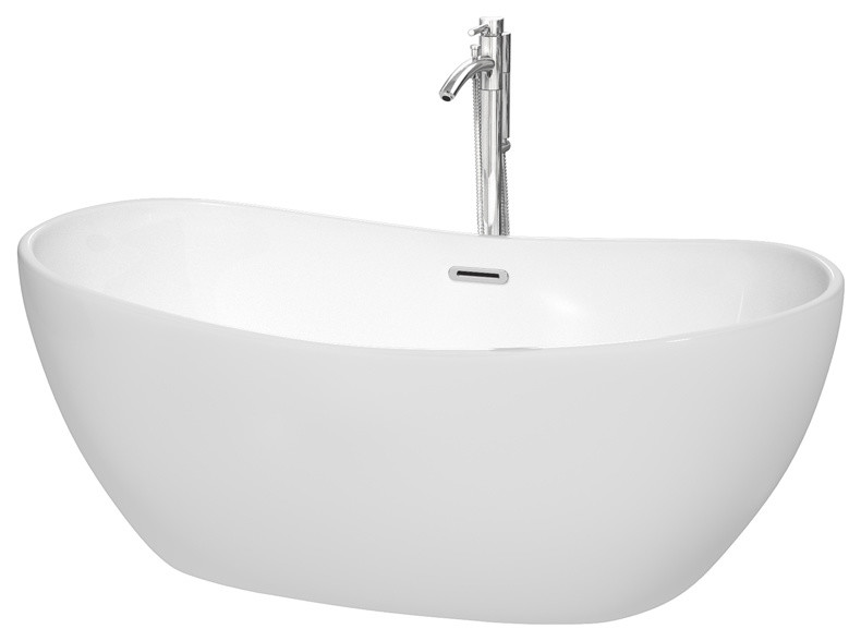60" Freestanding Bathtub,White,Floor Mounted Faucet, Drain,Trim,Polished Chrome