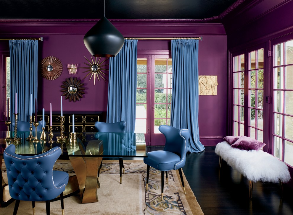 Inspiration for a large eclectic dining room in Other with purple walls.