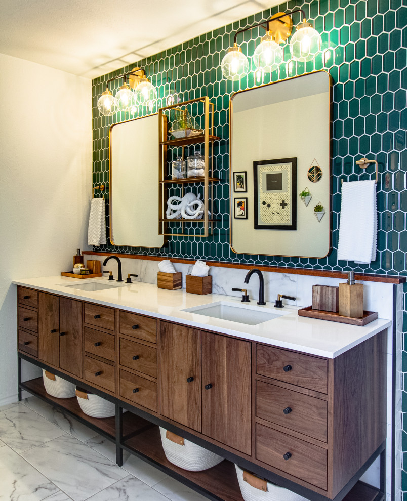 Example of a mid-sized 1960s master green tile and mosaic tile marble floor, white floor, double-sink and wood wall wet room design in Dallas with furniture-like cabinets, medium tone wood cabinets, a two-piece toilet, green walls, an undermount sink, quartz countertops, a hinged shower door, white countertops, a niche and a freestanding vanity