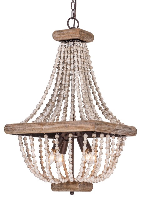 Farmhouse 4 Light Wood Beaded, Gold Chandelier With Wooden Beads