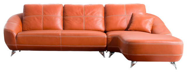 Modern Orange Leather Lucy Sectional, Modern Leather Sectional Sofa With Chaise