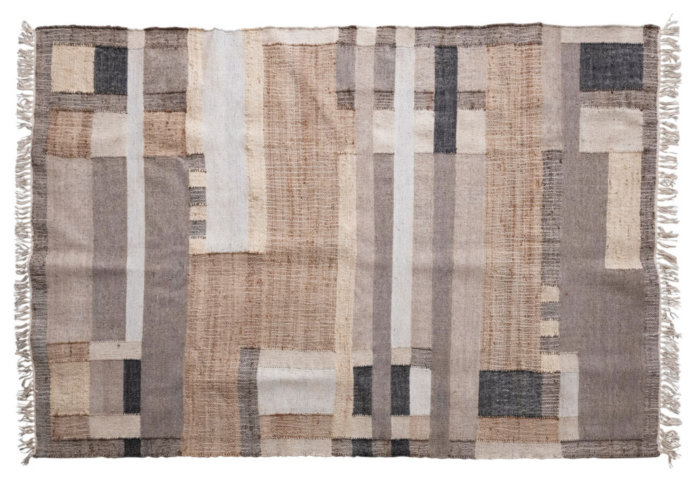Wool Blend Dhurrie Rug With Geometric Design and Fringe Contemporary