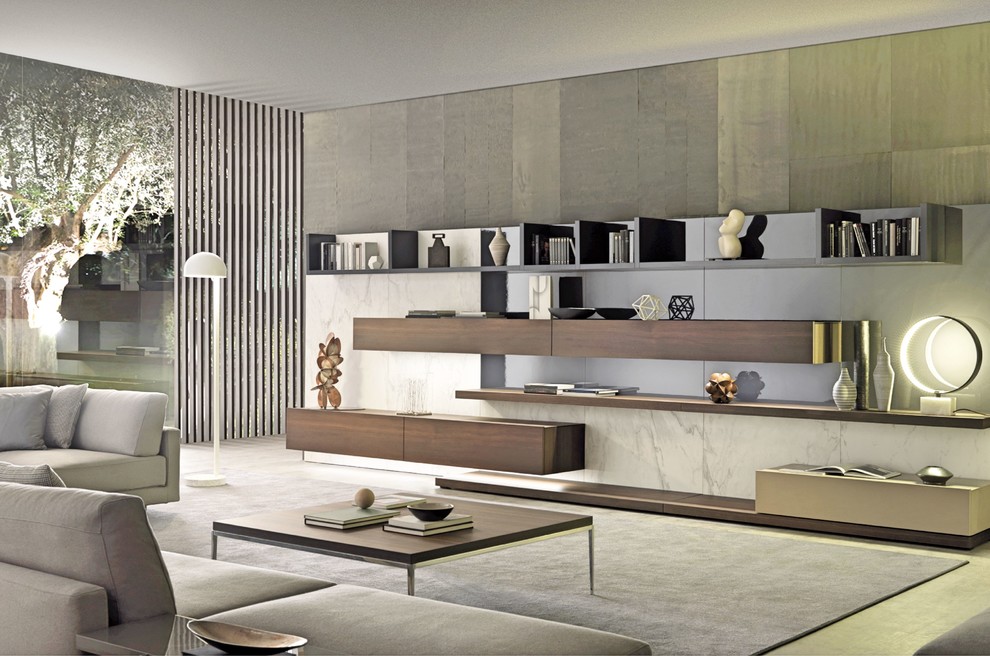Inspiration for a large modern open concept living room in Miami with grey walls and a built-in media wall.