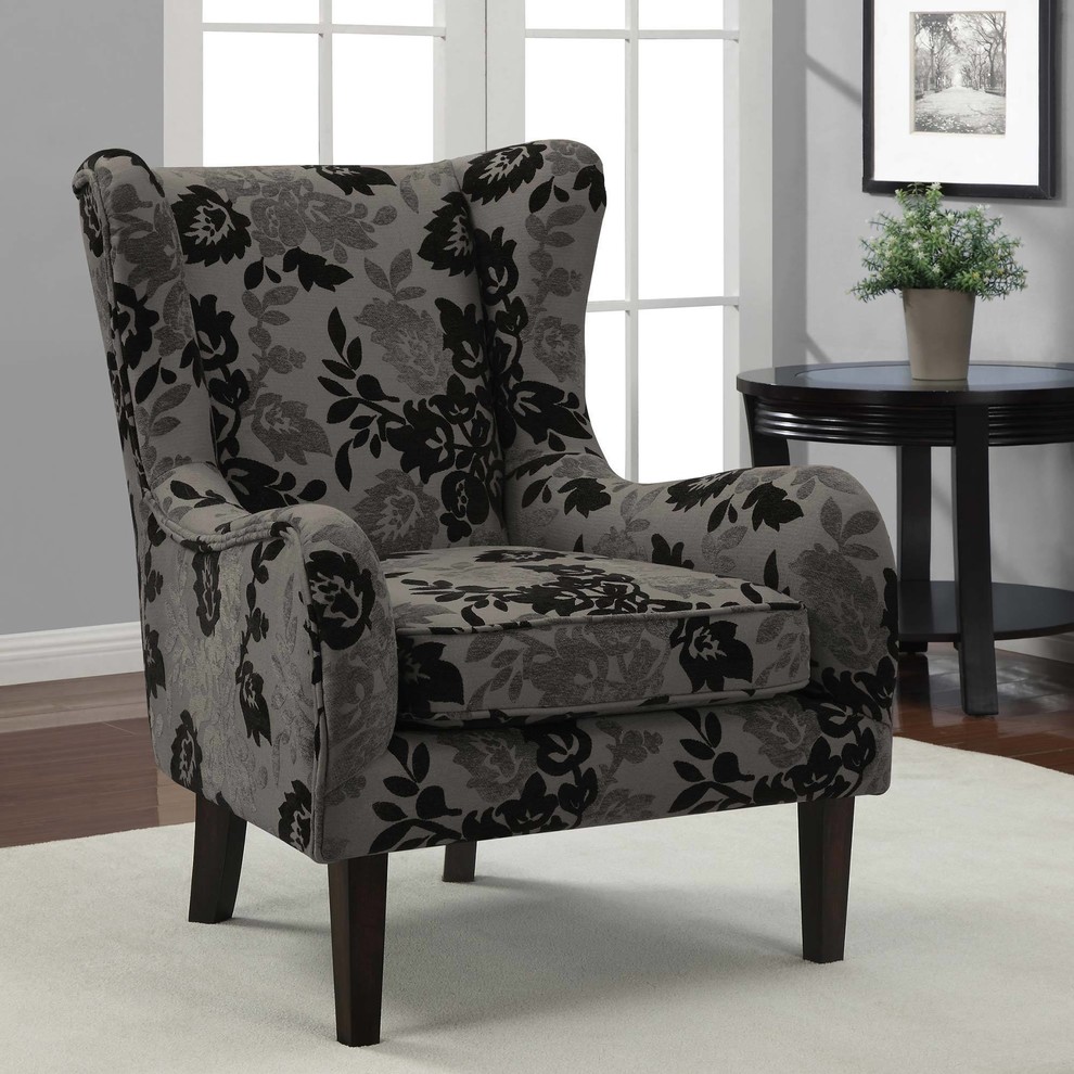 Floral Grey/ Black Curved Wing Chair